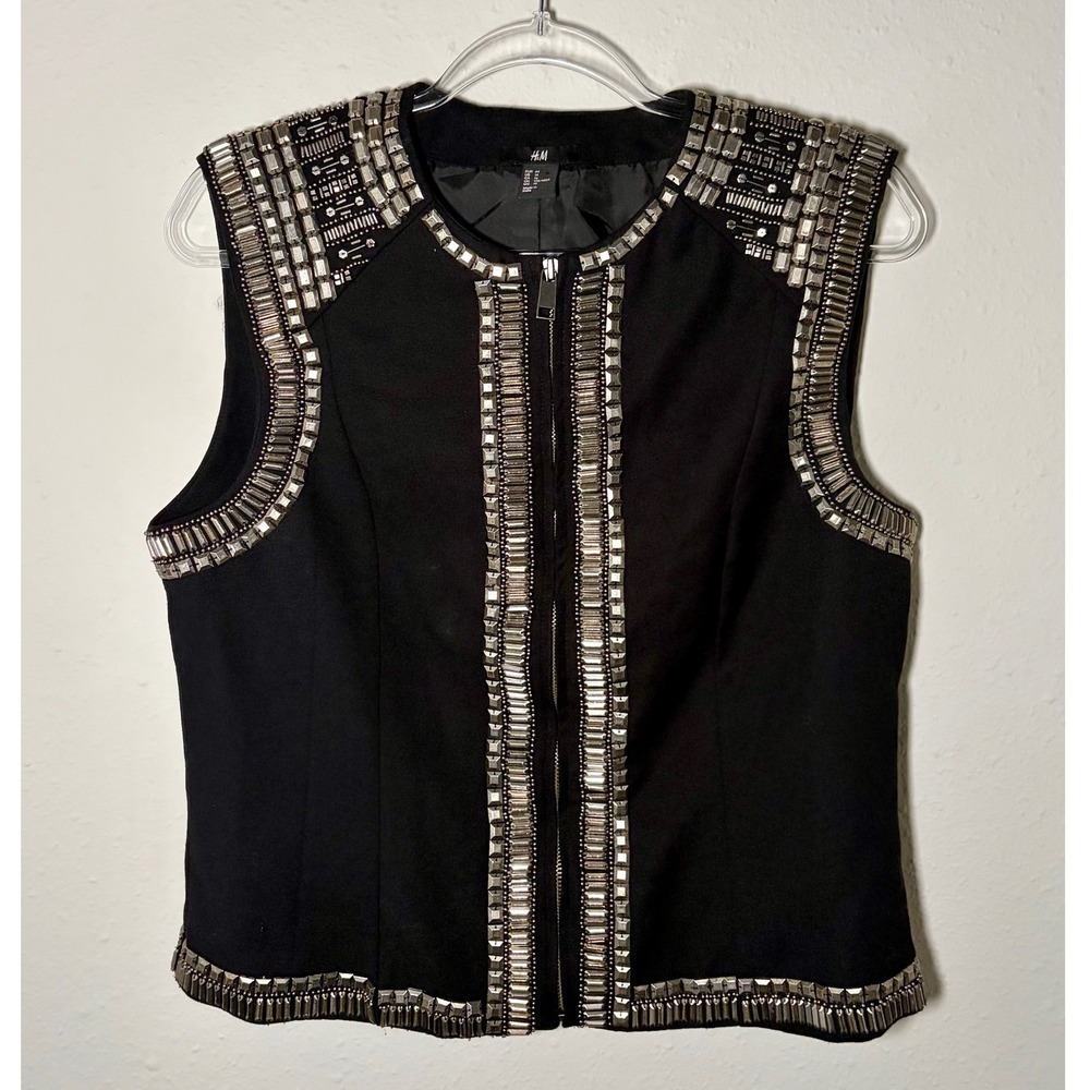 H&M Black Embellished Beaded Studded Zip Front Vest Size 14